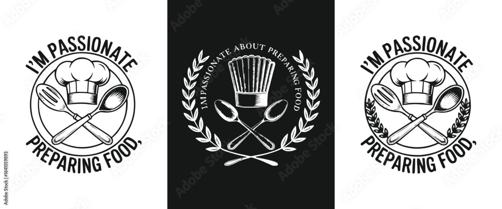 Obraz premium Chef hat and crossed cooking utensils vintage badge logo with I’m passionate preparing food text for kitchen branding and t shirt design