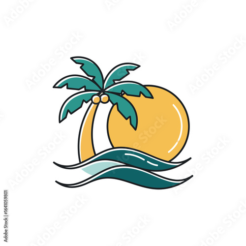 A tropical vacation icon. Fusing a palm tree, sun, and waves, it symbolizes beach getaways, serene relaxation, and sunny travel destinations