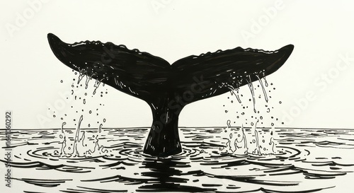 Whale's Tail Diving into the Ocean: A monochrome image presents the powerful tail of a majestic whale diving into the ocean, evoking a sense of the animal's grandness and the ocean's allure. 