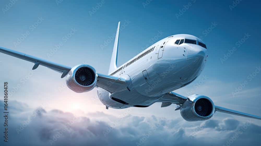 Naklejka premium Commercial Airplane Flying Above Clouds, Showing Aviation Technology and Travel Industry Concept