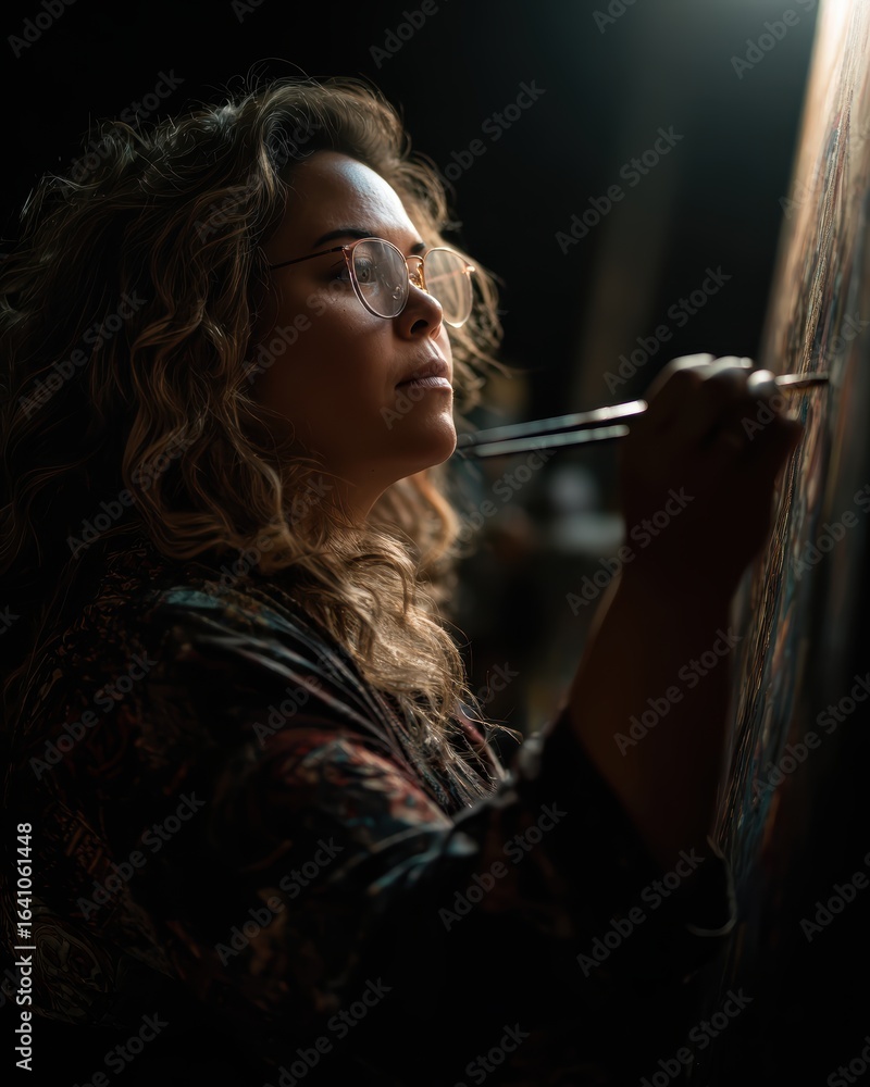 Obraz premium Artistic Woman Concentrating on Canvas with Brush in Hand Under Soft Light in Creative Studio Environment
