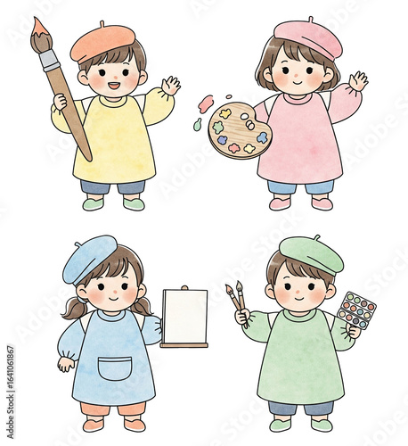 Four cheerful children engaged in artistic activities, holding paintbrushes, palettes, and tools, showcasing creativity and playful expression.