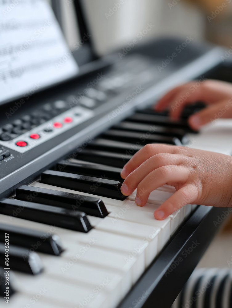 Fototapeta premium Child's hands playing digital piano keys, close-up view.