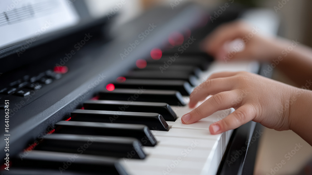 Fototapeta premium Child's hands playing a piano keyboard, learning music