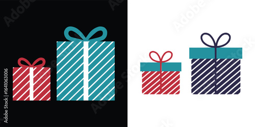 Two pairs of festive gift boxes with striped patterns and ribbons, one pair on a black background and the other on a white background
