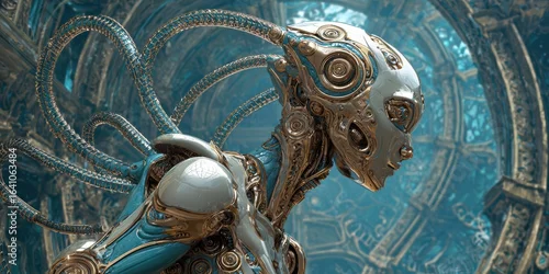 Fototapeta Futuristic Female Robot with Intricate Design against a Retro-Futuristic Background Featuring Gears and Curves in a Sci-Fi Environment