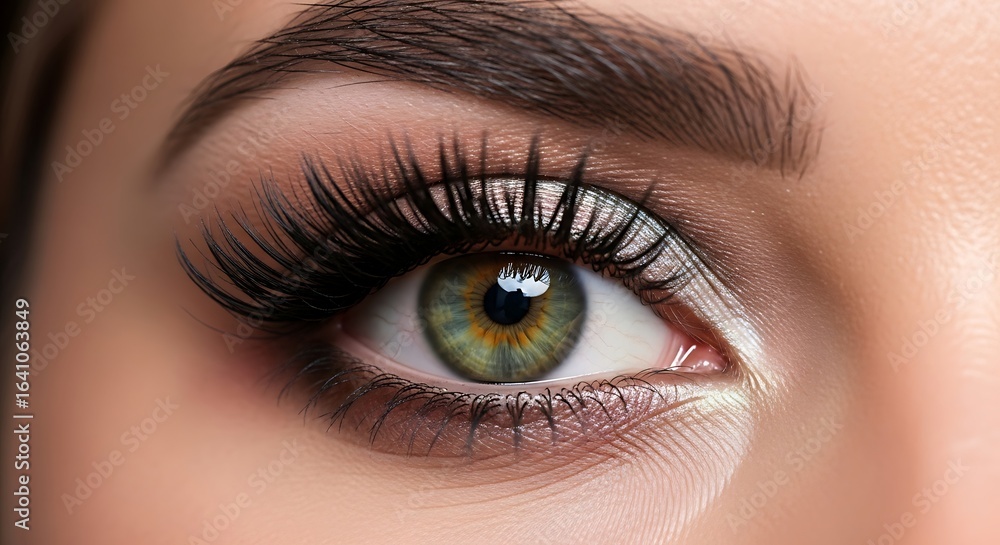 Obraz premium Close-up of a Beautiful Green Eye with Long Eyelashes and Defined Eyebrows