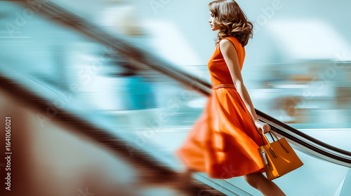 Stylish Woman in Vibrant Orange Dress Riding Escalator Motion Blur, motion blur Business concept, motion bokeh background