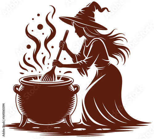 Silhouette of witch stirring cauldron, Halloween magical character, transparent png and vector illustration.