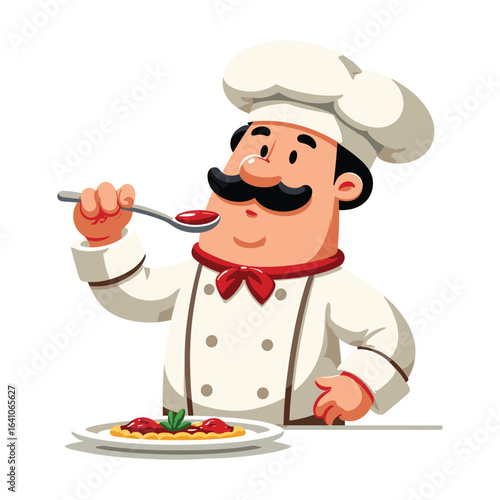 Culinary Excellence: A jolly chef, dressed in a traditional uniform, savors the flavors of a meticulously crafted dish, representing passion and expertise in the art of cooking.