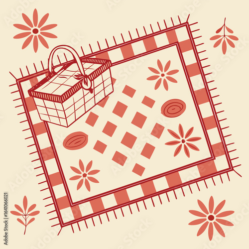 Retro picnic blanket pattern in faded red and cream sun-faded look friendly outdoor vibe central open space for words seamless pattern with christmas gifts
