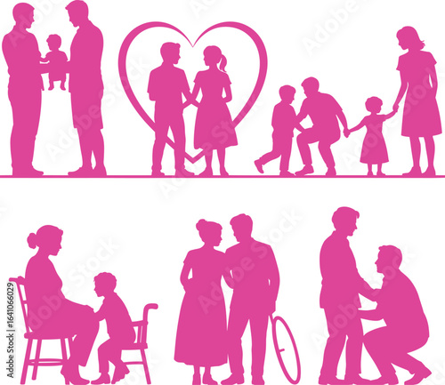 Family, parenting, love, caregiving, children, support, grandparents, disability, wheelchair, bonding, generational connection, kindness, silhouette art, pink vector, flat vector illustration