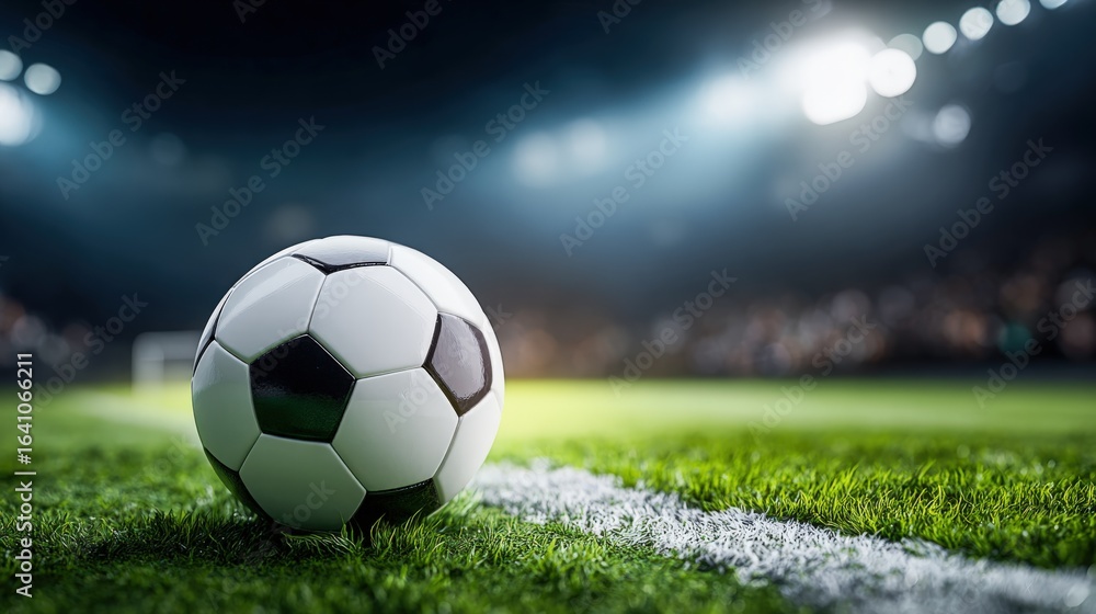 Fototapeta premium Soccer Ball on Field at Night, Stadium Background, Professional Sports Competition, Championship Game