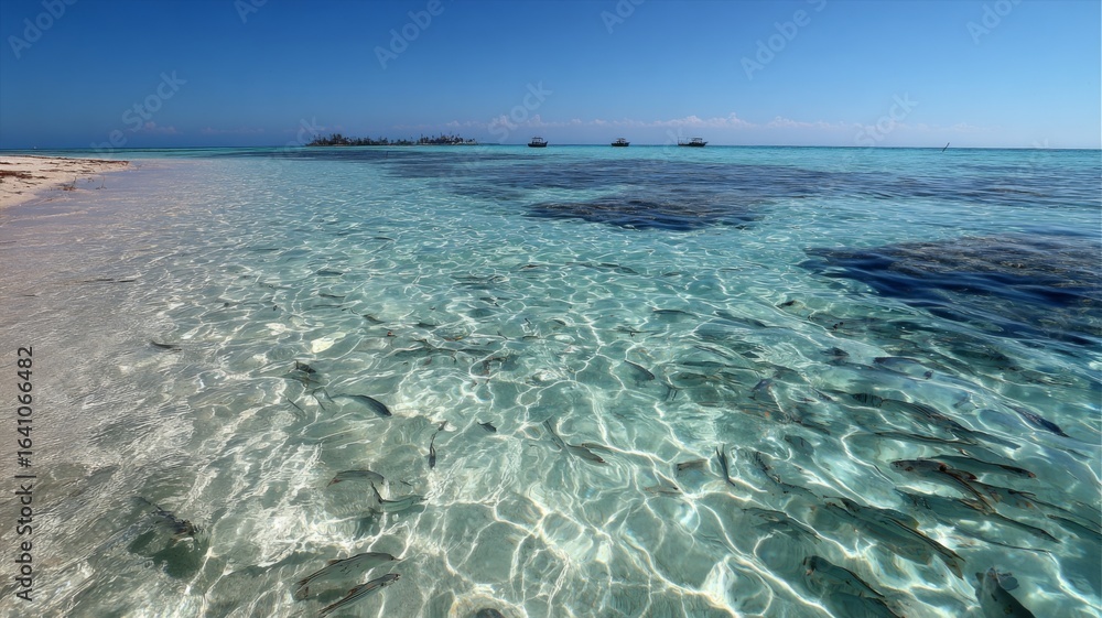 Obraz premium Gentle waves lap the shore as fish swim in the sandy bottom under bright sunlight.