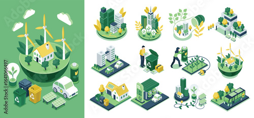 Modern Architecture with Green and Clean Energy Original Isometric Element Collection
