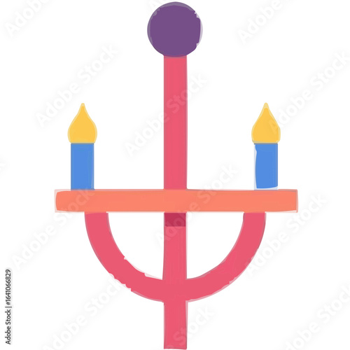 Colorful abstract chandelier with two candle holders and decorative top  