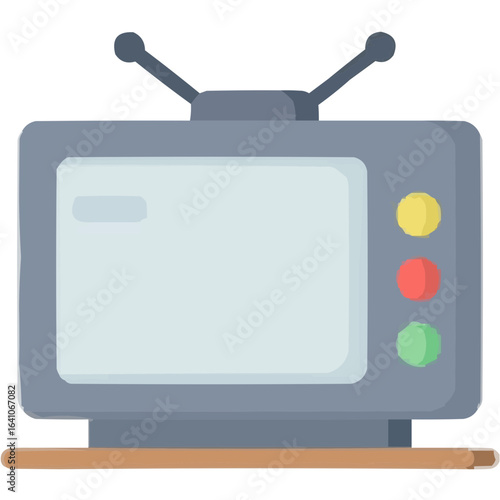 Vintage television set with antenna and colored buttons on wooden stand  