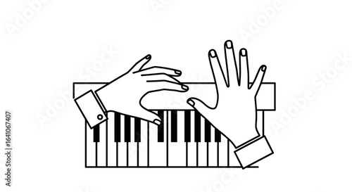 Hands playing piano keyboard icon in black and white.