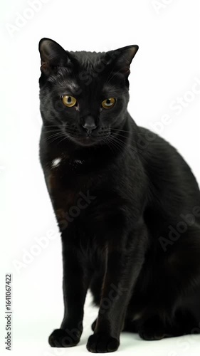 Elegant pure black bombay cat with piercing yellow-green eyes, sitting poised against a pristine white infinite background, pivoting its gaze to camera with a slow blink. Calm confidence and