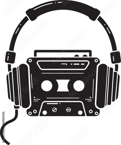 Vintage Cassette Player with Headphones – Retro Music Silhouette Vector Art