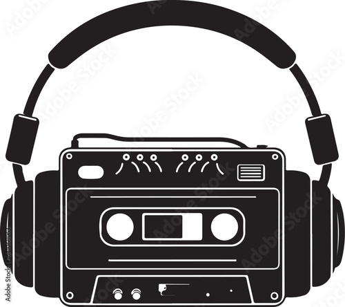 Vintage Cassette Player with Headphones – Retro Music Silhouette Vector Art