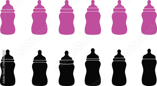 Baby milk bottle, feeding bottle silhouette, infant nutrition, childcare, pink and black icons, vector design, simple shape, flat vector illustration

Keywords (15 one-word, 15 two-word, 1