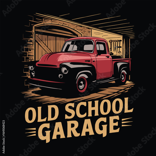 Vintage retro red pickup truck in classic wooden old school garage automotive repair service t shirt design illustration