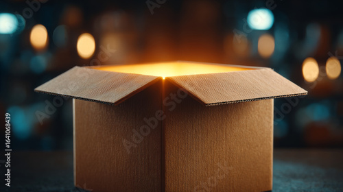 Unveiling the Mystery Box: The scene presents a studio shot of an open cardboard box, bathed in radiant light emanating from within, evoking curiosity and imagination.