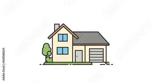 Charming two-story house with garage and tree, perfect for real estate concepts and home design