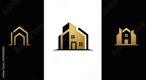 Elegant golden house logos representing real estate, home design, and property development.