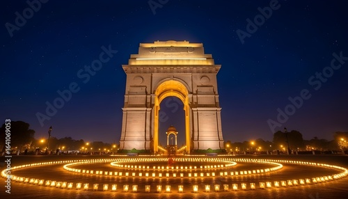 A dramatic wide angle image of India Gate fully lit during Independence Day night, with small candles placed in a circle around it, deep blue sky and stars above.