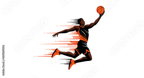 Dynamic basketball player mid-air about to score a slam dunk with vibrant energy