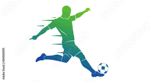 Dynamic soccer player kicking ball in action, vibrant illustration for sports and game design
