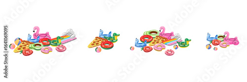 Cartoon inflatable toys. Colorful swimming rings and mattress, rubber water summer pool funny swimming accessories, flamingo, pizza and ball, watermelon and donut, vector flat isolated gradient set