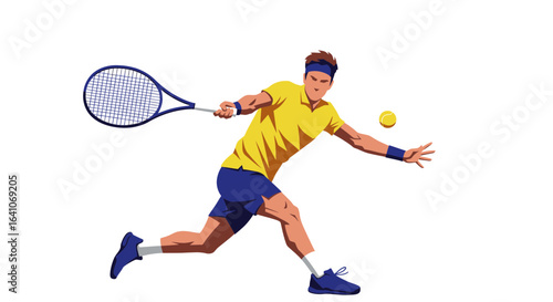 Dynamic tennis player in action, hitting a powerful forehand during a match with energy