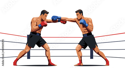 Dynamic boxing match with athletes in action, fighting and training in a professional ring