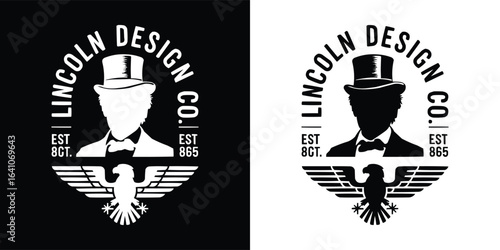 Vintage Lincoln silhouette with top hat and eagle emblem patriotic badge logo t shirt design in black and white