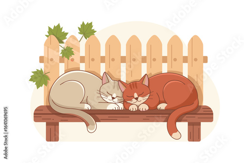 A flat vector illustration depicting two cute cats sleeping on a wooden bench