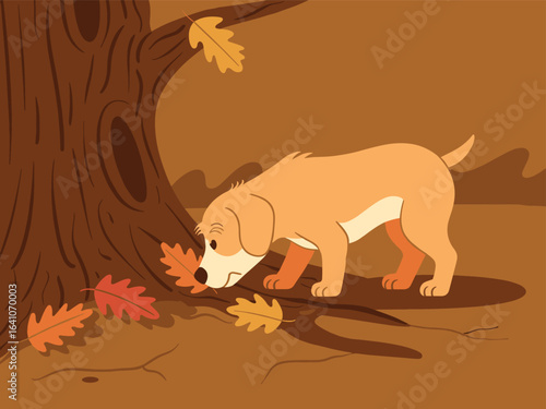 A curious puppy sniffing colorful fallen leaves by a tree in an autumn scene