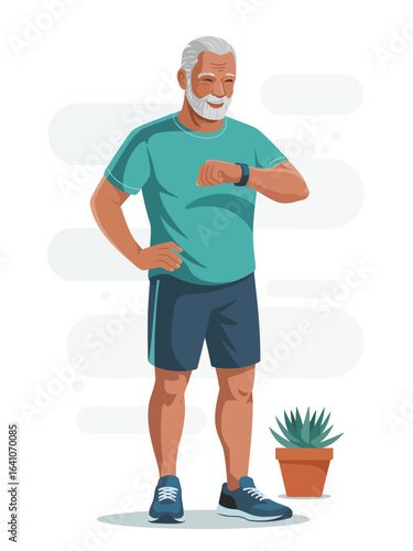 Smiling senior man tracking his fitness progress on a smartwatch. Active lifestyle vector concept.