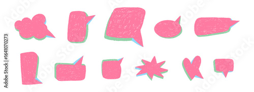 Empty speech bubbles. Doodle colorful forms for chat and message. Discussion and conversation, crayons drawing dialog windows. Sketch pencil. Thinking communication icon vector isolated hand drawn set
