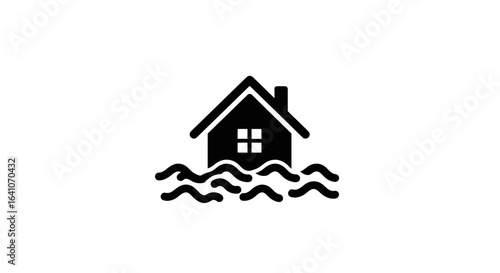  Flooded house icon in black and white.