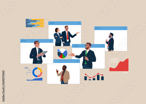 Group business people and workers in web page windows discussing graphs. Business Analytics. Flat vector illustration