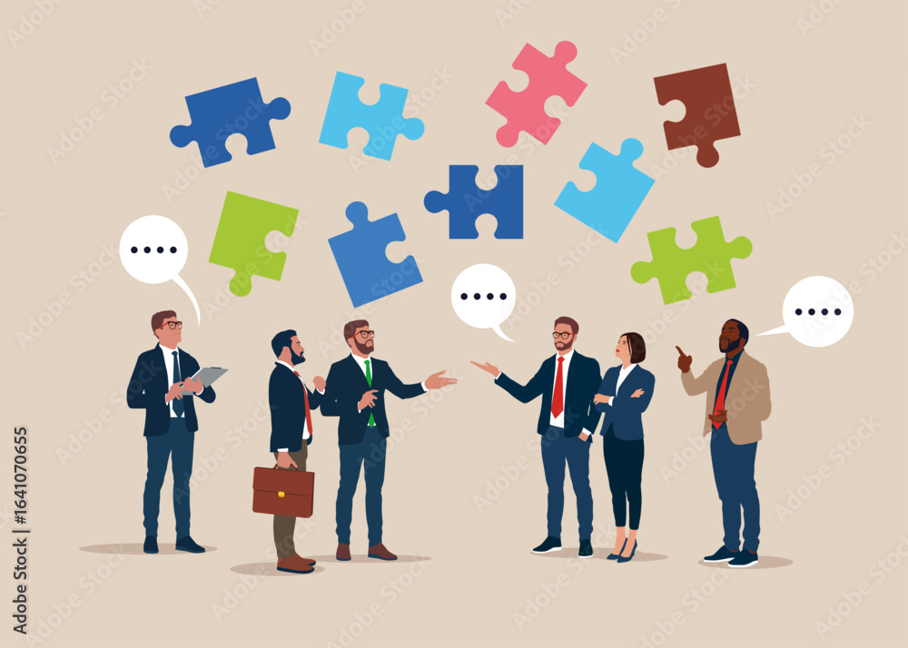 Naklejka premium Business brainstorm workers. Cooperation, discussing with puzzle pieces above their heads. Teamwork and unity. Modern vector illustration in flat style