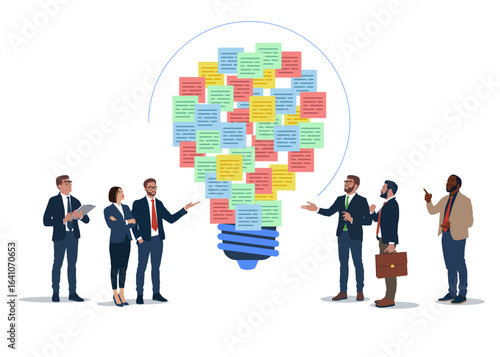Group business people discover solution, business people brainstorm with sticky notes. Ideation, brainstorming to gather new idea. Vector illustration.