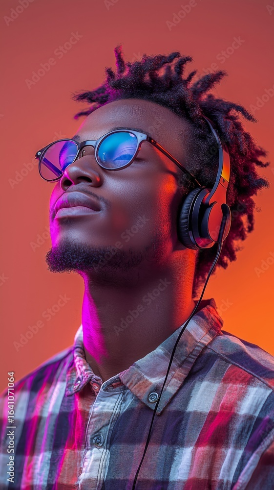 Fototapeta premium Content Emotion Relaxed People Wearing Headphone Listening To Music Adult Man