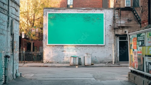 Urban alleyway with green billboard and passing vehicles, perfect for advertisement