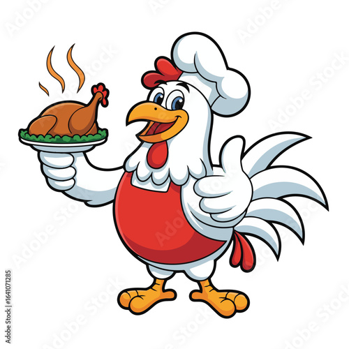 Cartoon Chef Rooster Serving Cooked Chicken – Humorous Farm Animal Illustration