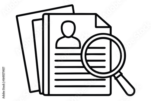Resume document with magnifying glass silhouette isolated on white background