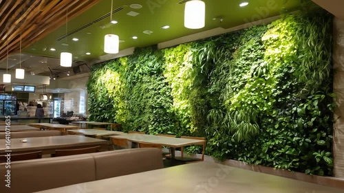 Stylish Restaurant Interior with Lush Green Wall, Modern Design and Ambiance, Natural Light and